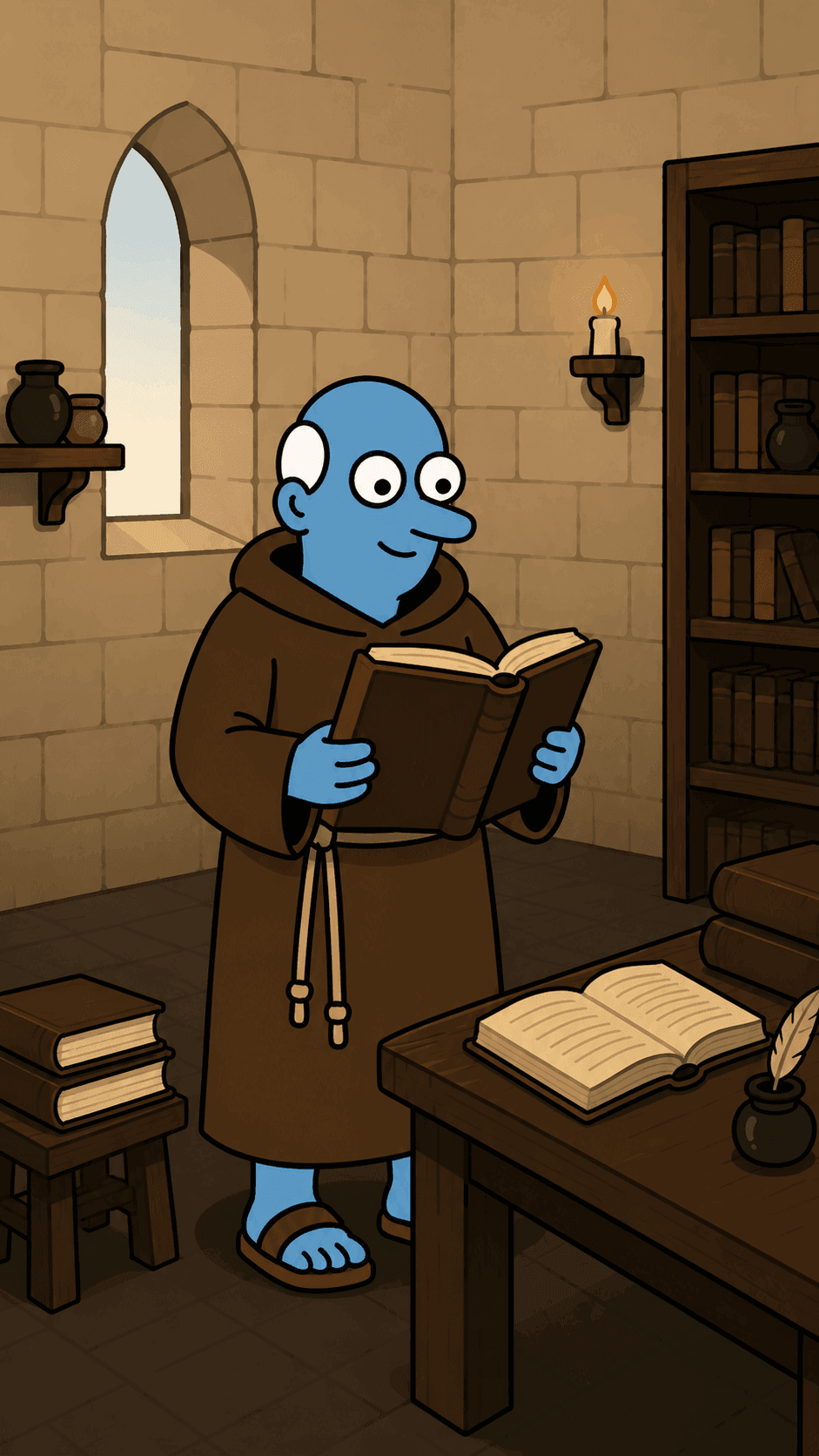Monje ilustrado sobre pergamino en la portada de El Apócrifo